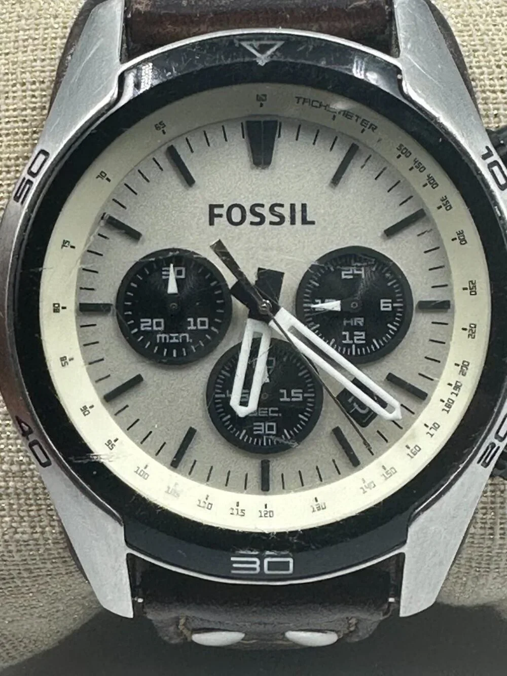 Fossil Coachman Chronograph Watch Men Cream Dial Leather Strap Band New Battery